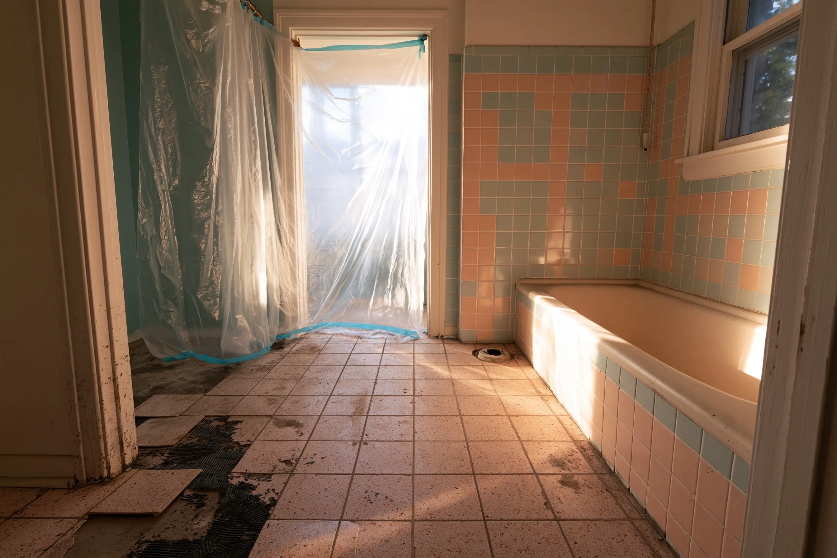 Bathroom with no toilet, square vinyl tiles pried up in one corner over black glue, and plastic taped across the doorway