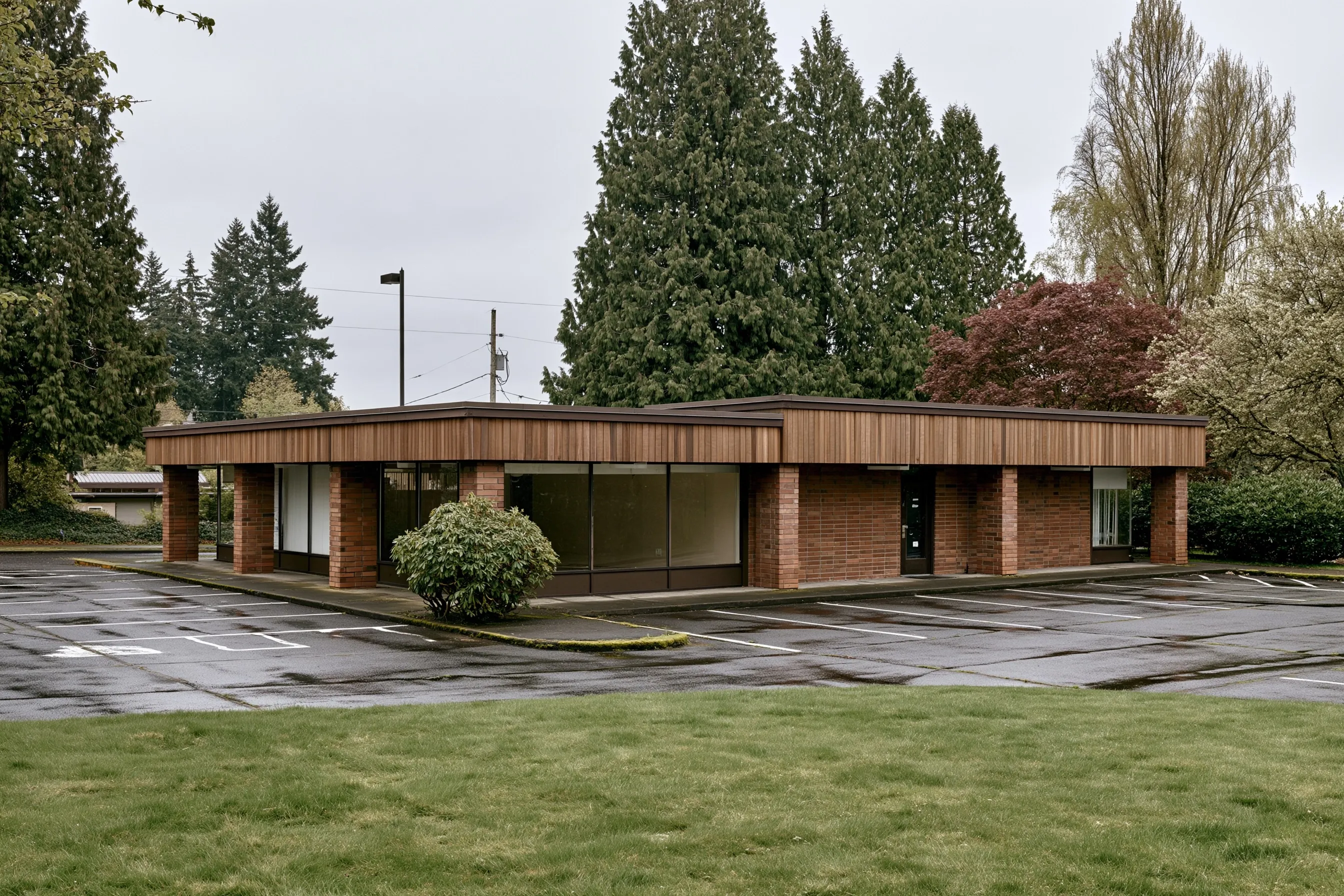 Row of 1960s shops in brick and wood under a gray sky, with one storefront empty and its windows bare