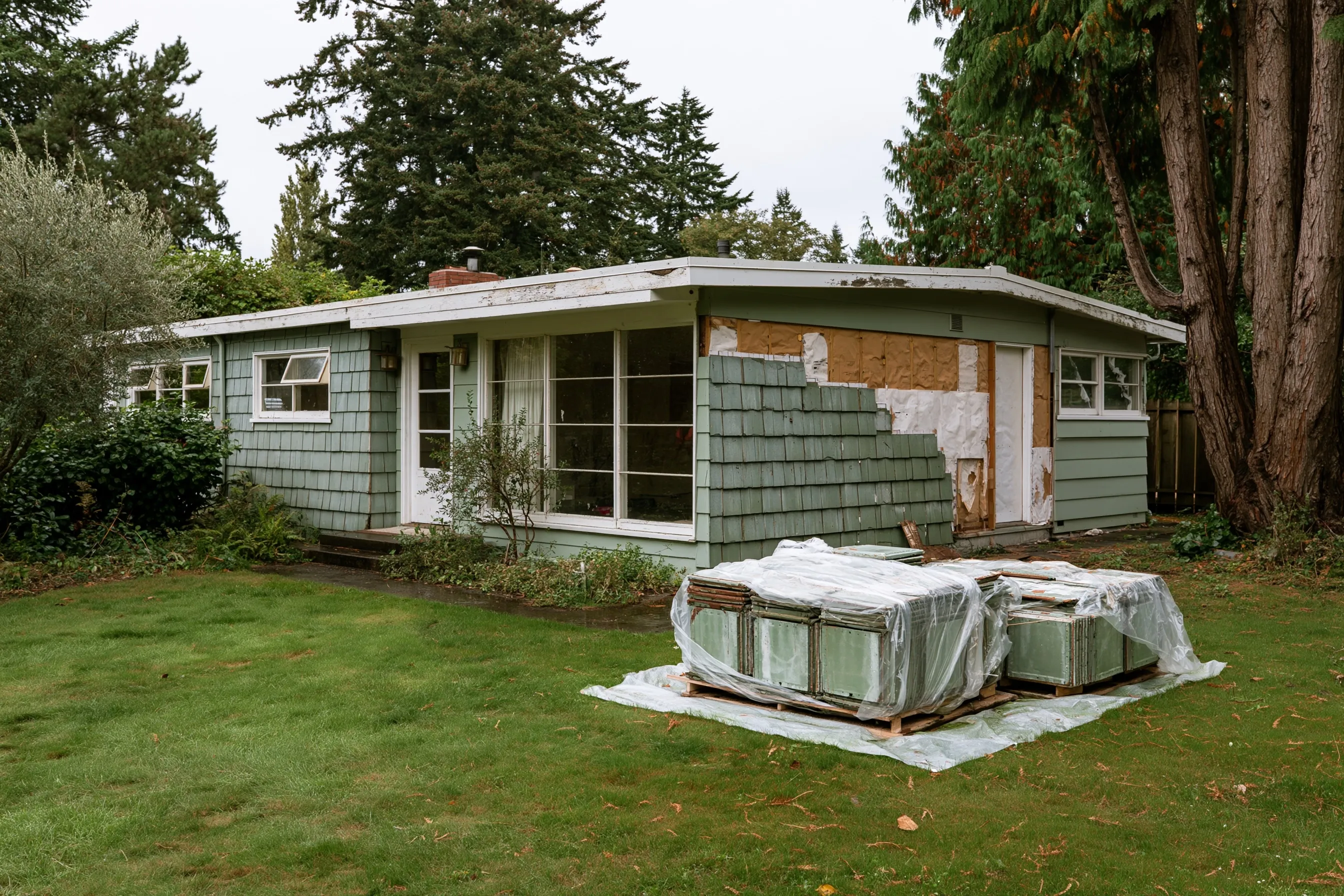 Rambler with gray-green cement shingles, one side half stripped to the sheathing and the removed shingles stacked on plastic