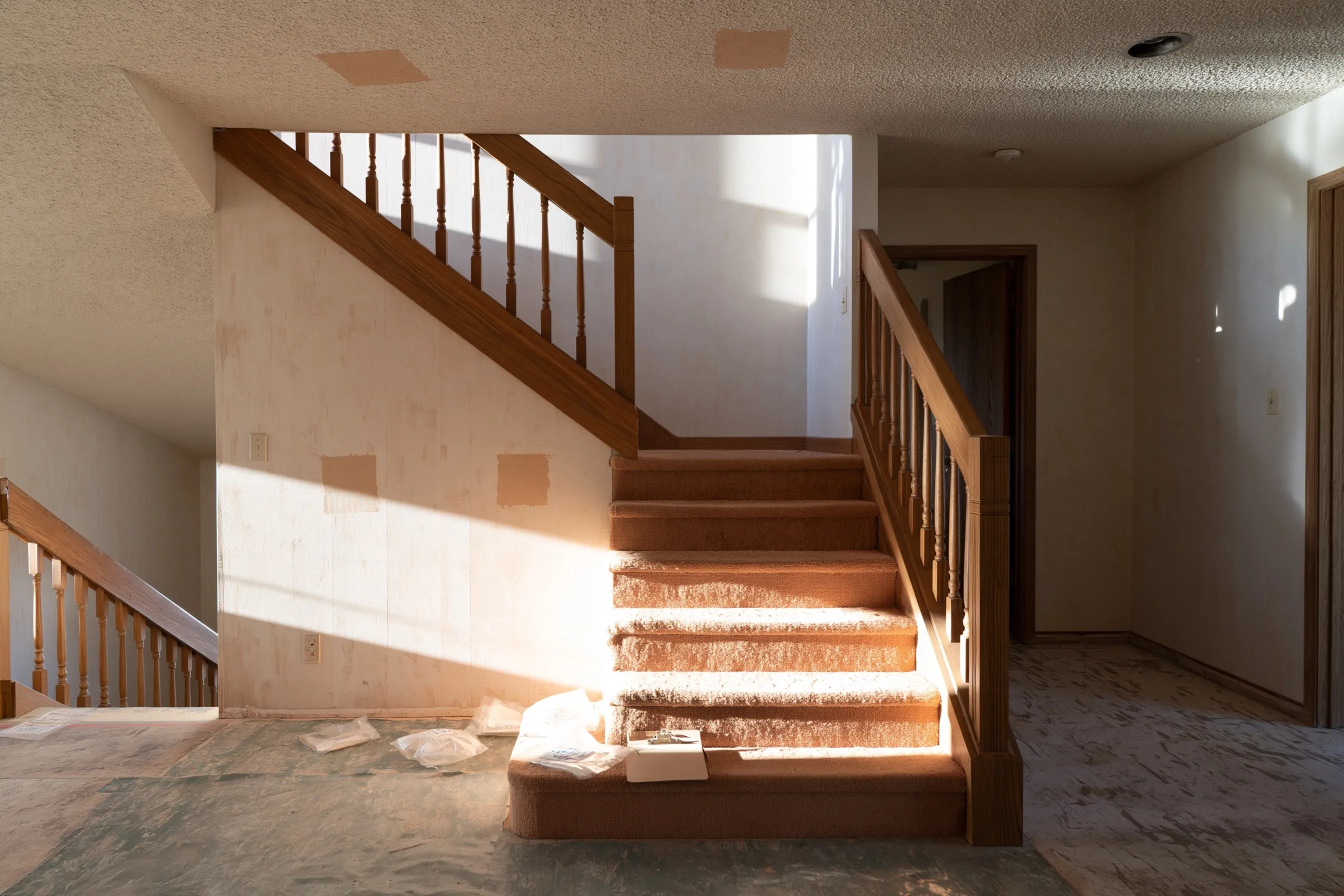 Split-level entry with small squares of tape marking sample spots on the ceiling and walls, sample bags on the bottom step