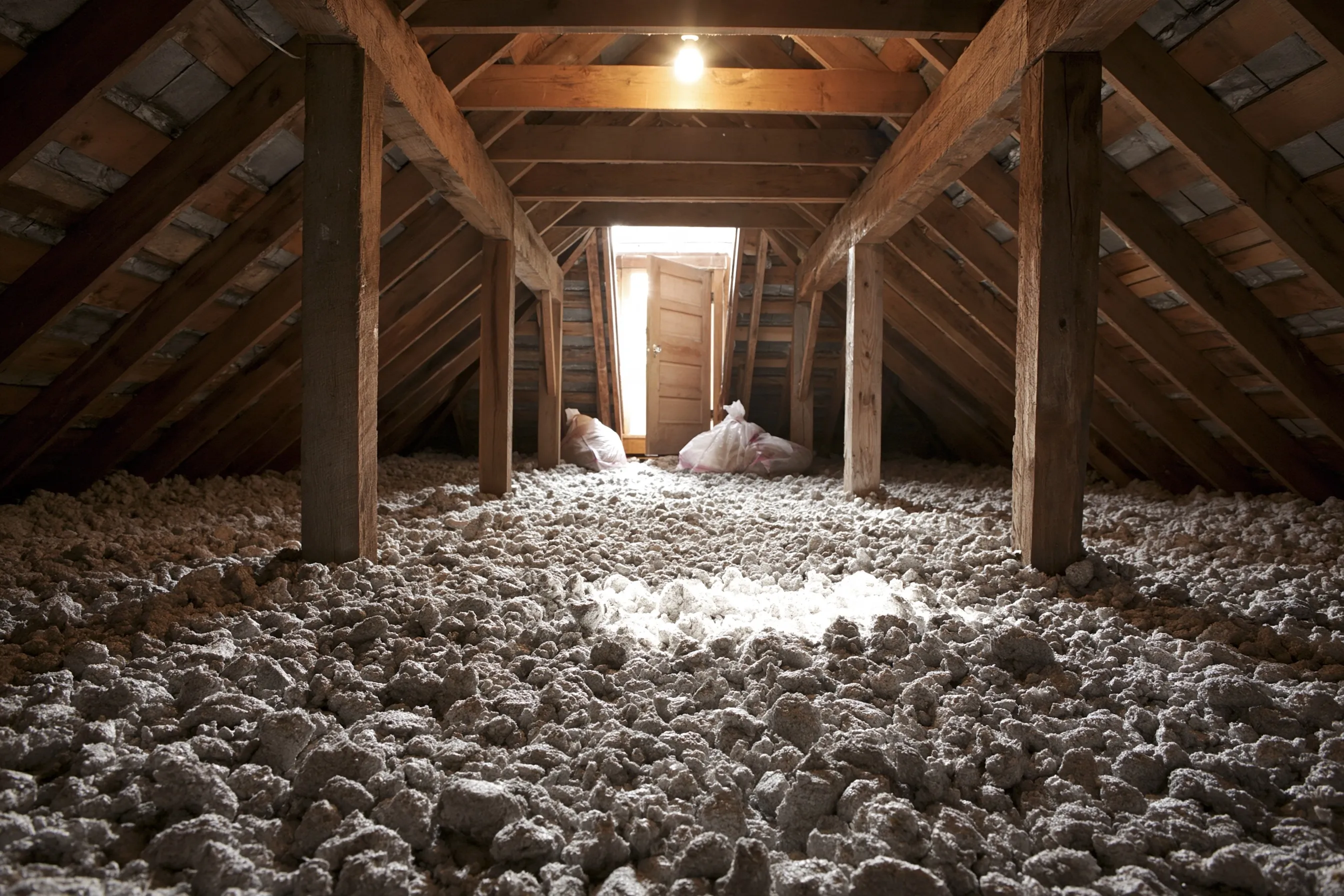 Attic under a steep roof with board sheathing, pebbly gray loose fill between the framing and daylight through a small door at the gable end